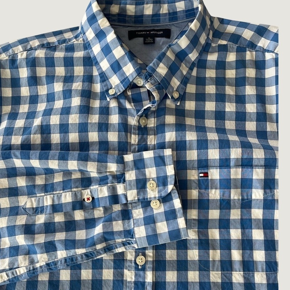 Tommy Hilfiger Mens XL Blue Gingham Check Button Down Shirt Long Sleeve